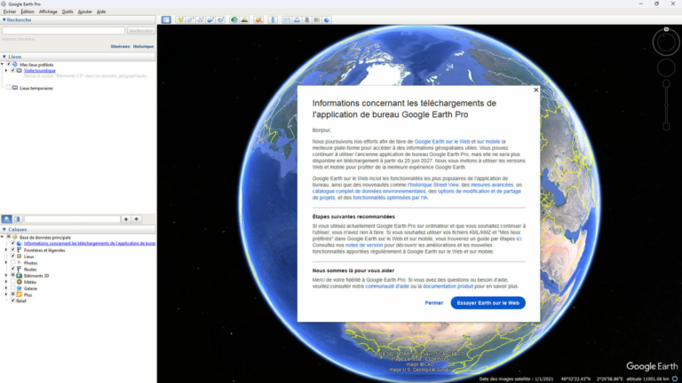 Avis de disparition pour l’application Google Earth Pro